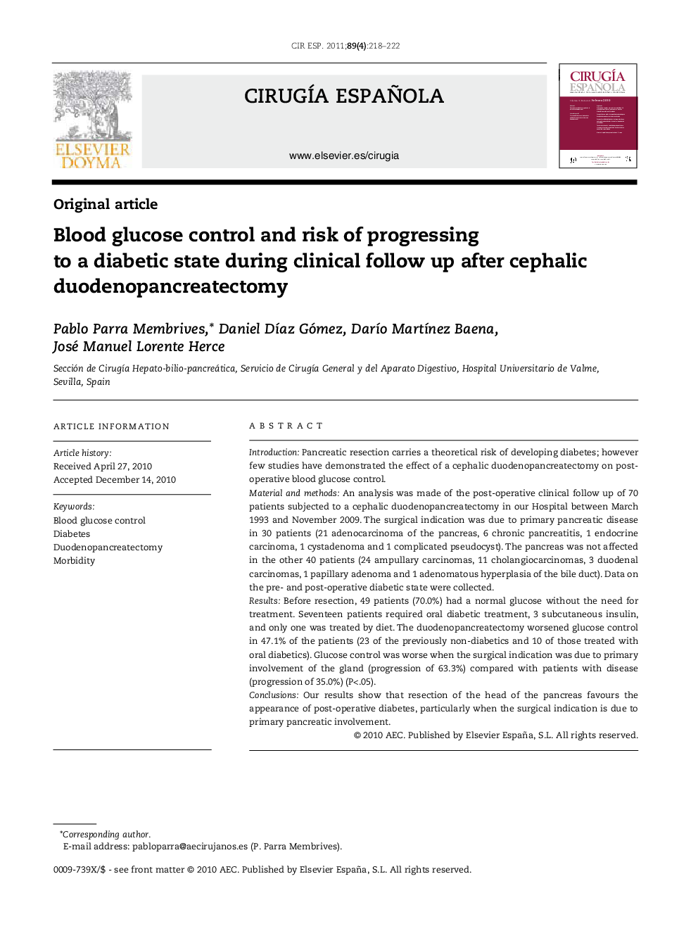 Blood glucose control and risk of progressing to a diabetic state during clinical follow up after cephalic duodenopancreatectomy