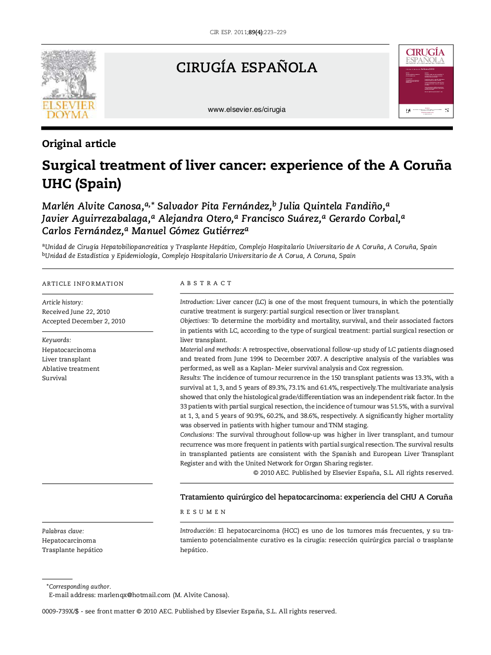Surgical treatment of liver cancer: Experience of the A Coruña UHC (Spain)