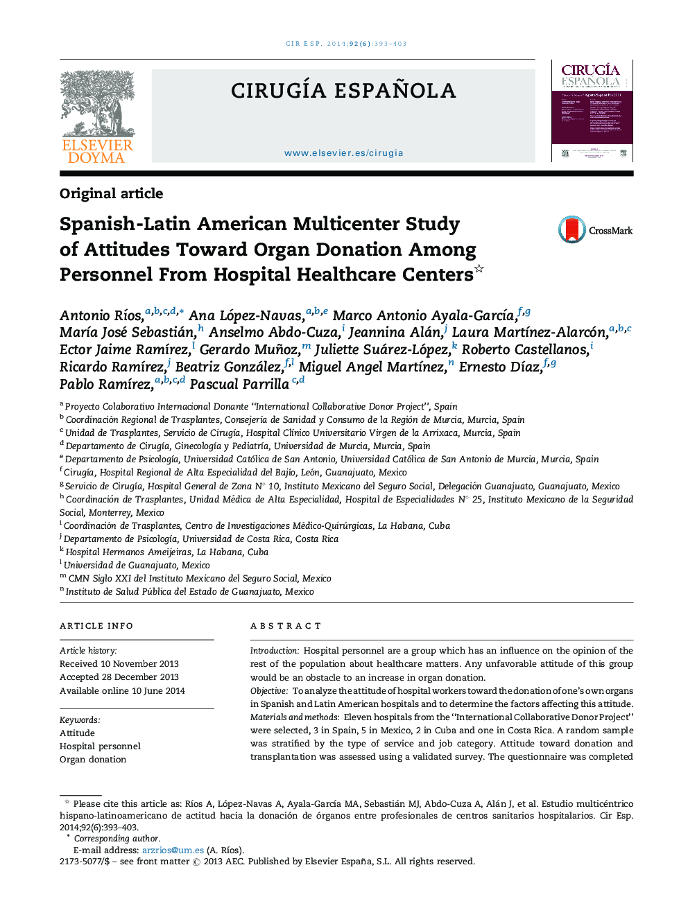 Spanish-Latin American Multicenter Study of Attitudes Toward Organ Donation Among Personnel From Hospital Healthcare Centers 