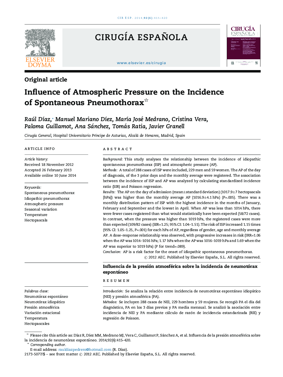 Influence of Atmospheric Pressure on the Incidence of Spontaneous Pneumothorax 