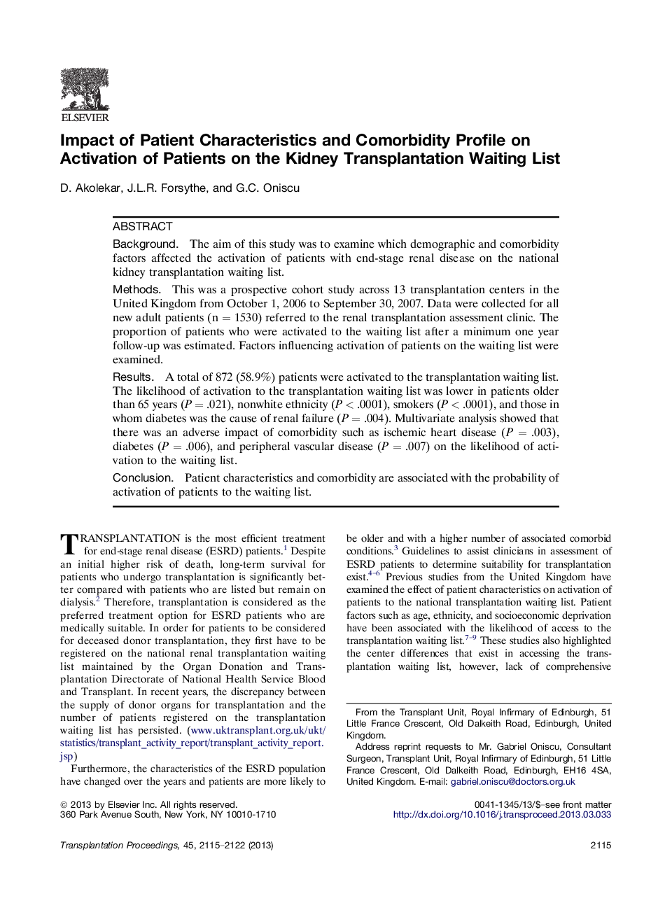Impact of Patient Characteristics and Comorbidity Profile on Activation of Patients on the Kidney Transplantation Waiting List