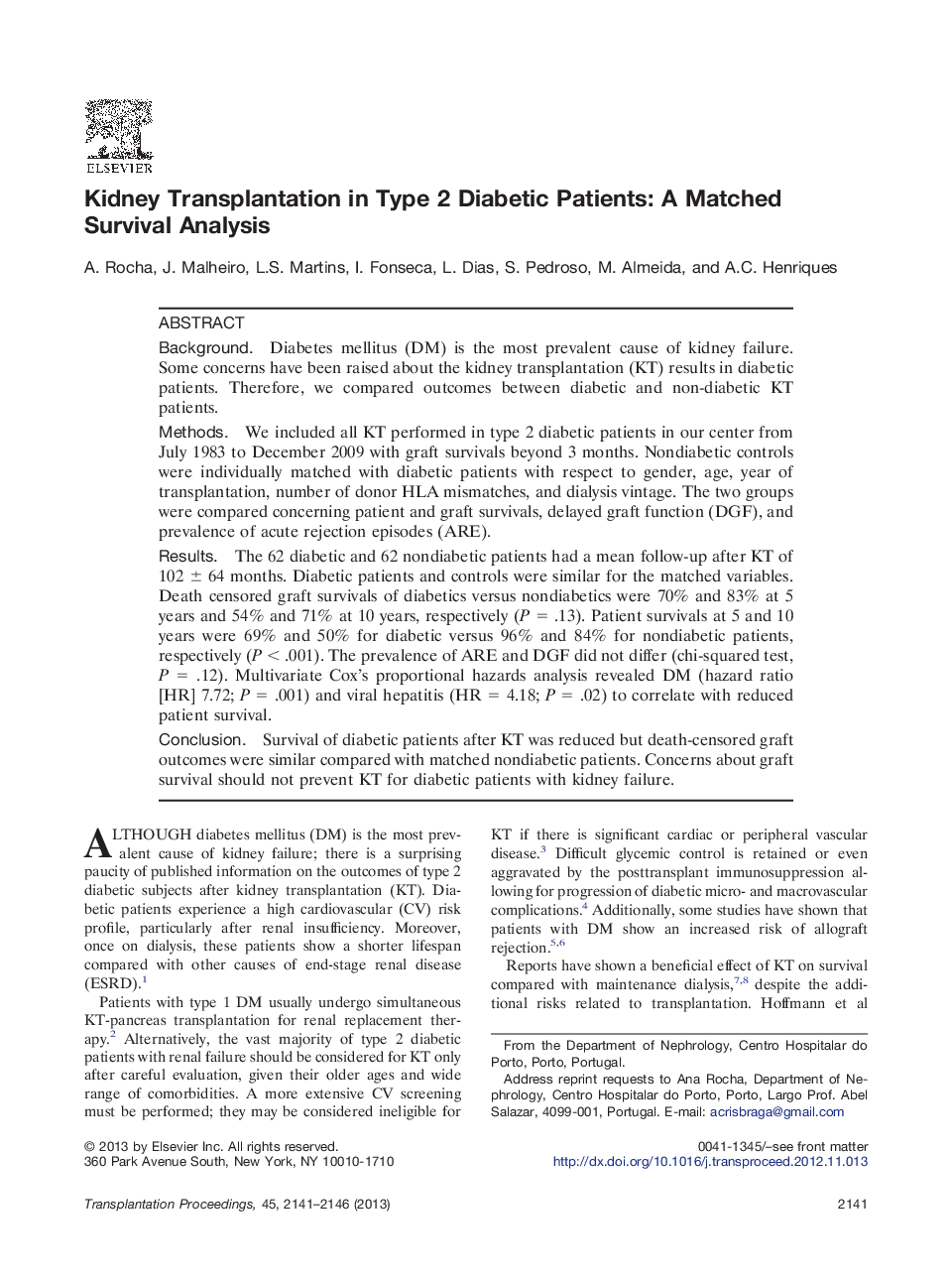 Kidney Transplantation in Type 2 Diabetic Patients: A Matched Survival Analysis