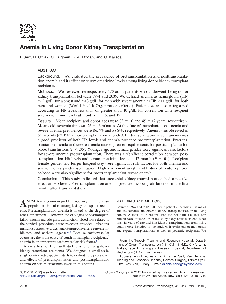 Anemia in Living Donor Kidney Transplantation