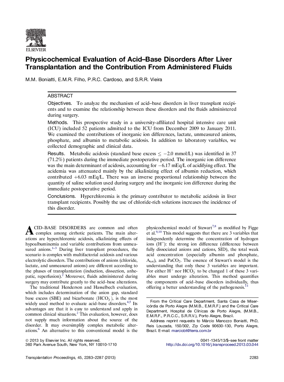 Physicochemical Evaluation of Acid–Base Disorders After Liver Transplantation and the Contribution From Administered Fluids