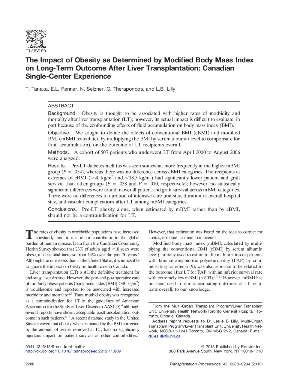 The Impact of Obesity as Determined by Modified Body Mass Index on Long-Term Outcome After Liver Transplantation: Canadian Single-Center Experience