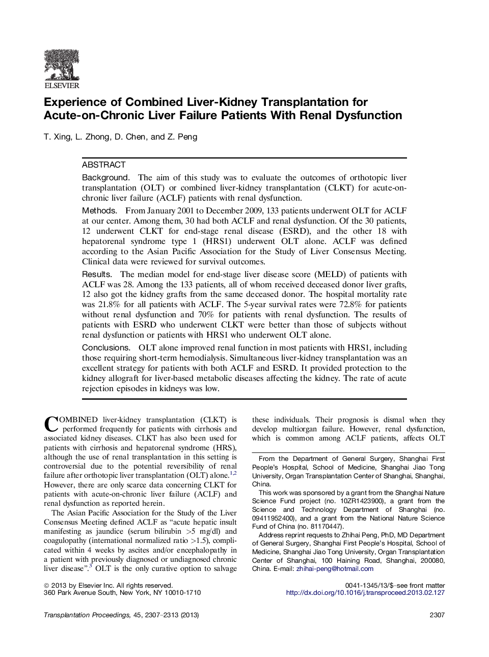 Experience of Combined Liver-Kidney Transplantation for Acute-on-Chronic Liver Failure Patients With Renal Dysfunction 