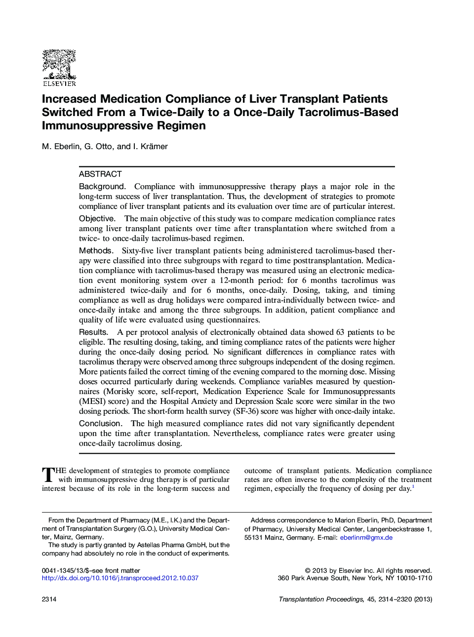 Increased Medication Compliance of Liver Transplant Patients Switched From a Twice-Daily to a Once-Daily Tacrolimus-Based Immunosuppressive Regimen 