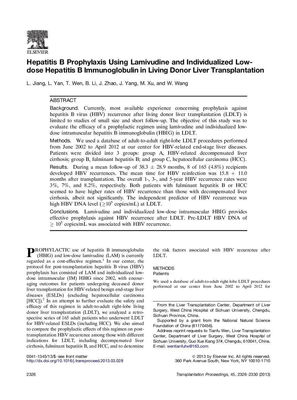 Hepatitis B Prophylaxis Using Lamivudine and Individualized Low-dose Hepatitis B Immunoglobulin in Living Donor Liver Transplantation 