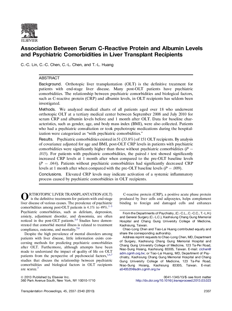 Association Between Serum C-Reactive Protein and Albumin Levels and Psychiatric Comorbidities in Liver Transplant Recipients 