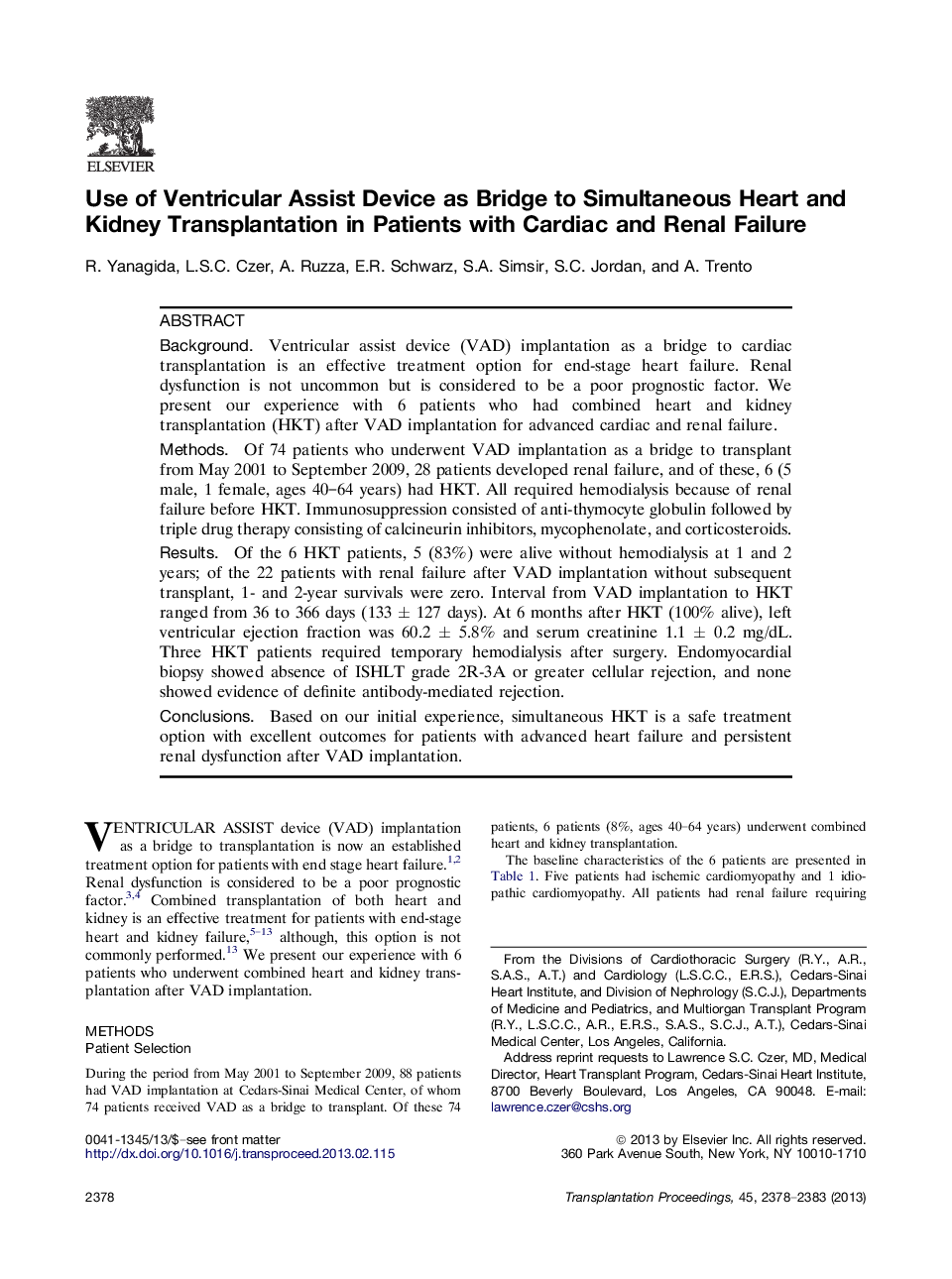 Use of Ventricular Assist Device as Bridge to Simultaneous Heart and Kidney Transplantation in Patients with Cardiac and Renal Failure