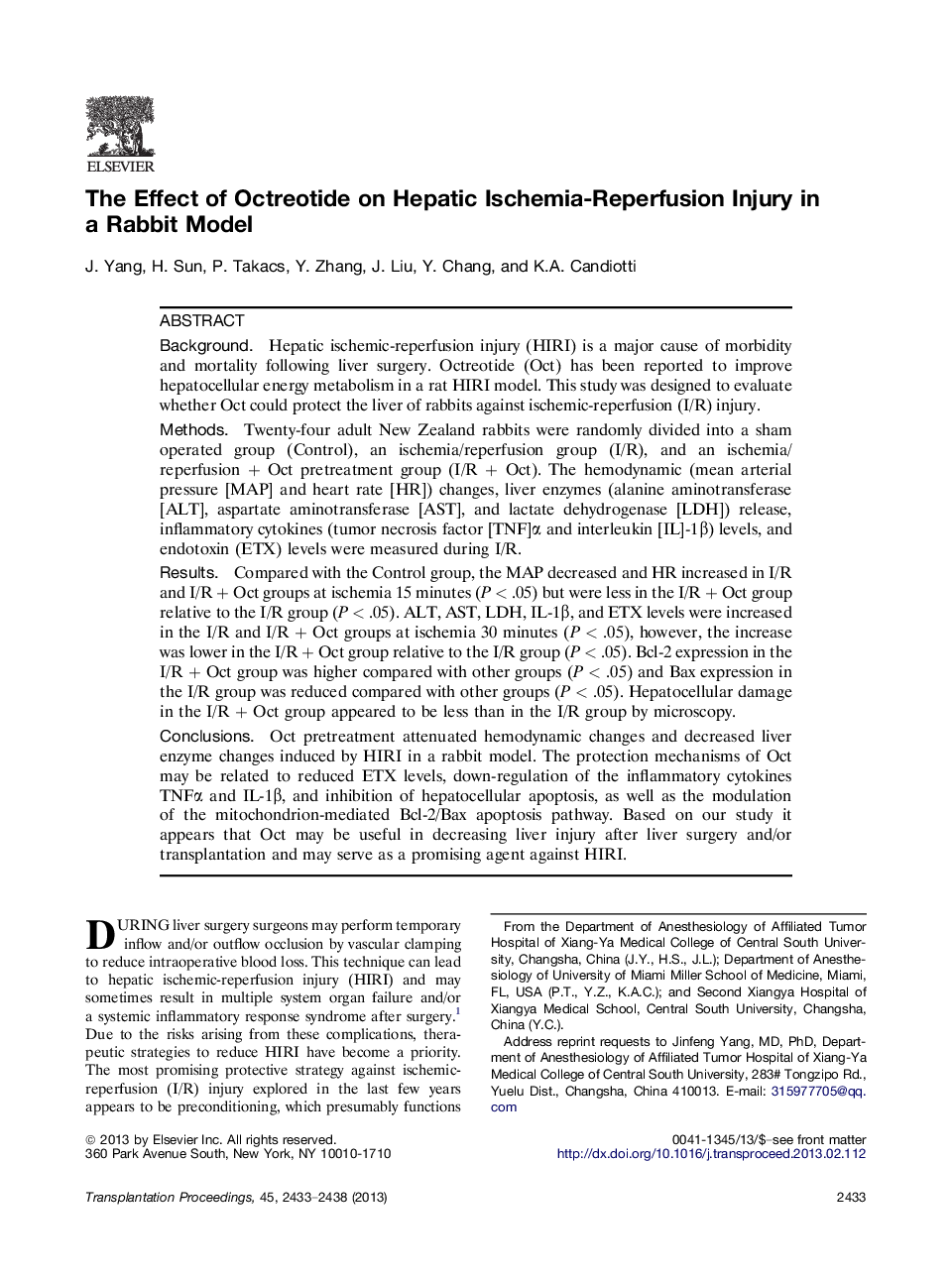 The Effect of Octreotide on Hepatic Ischemia-Reperfusion Injury in a Rabbit Model