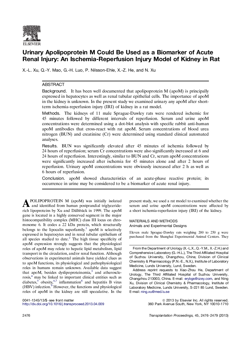 Urinary Apolipoprotein M Could Be Used as a Biomarker of Acute Renal Injury: An Ischemia-Reperfusion Injury Model of Kidney in Rat