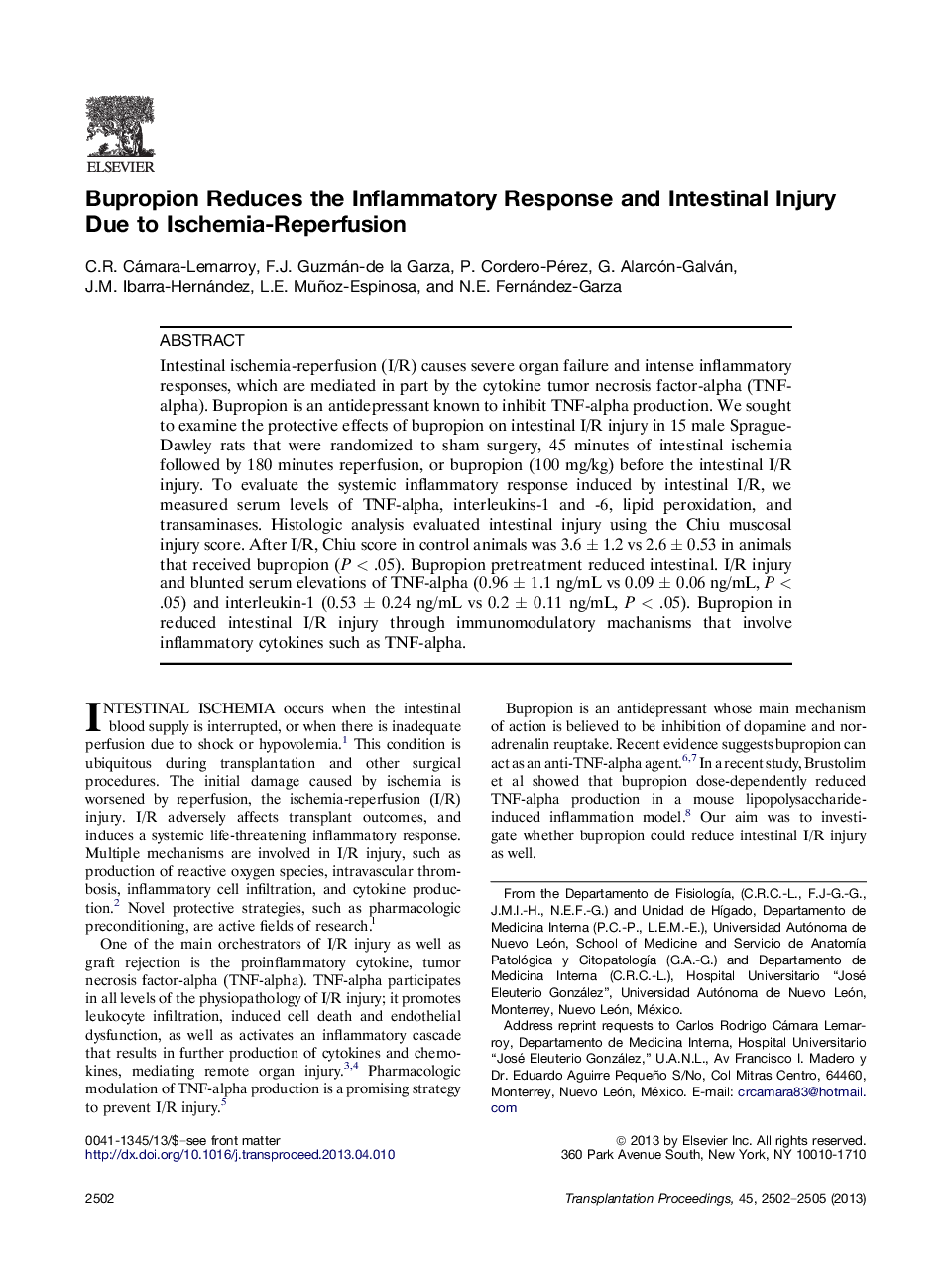 Bupropion Reduces the Inflammatory Response and Intestinal Injury Due to Ischemia-Reperfusion