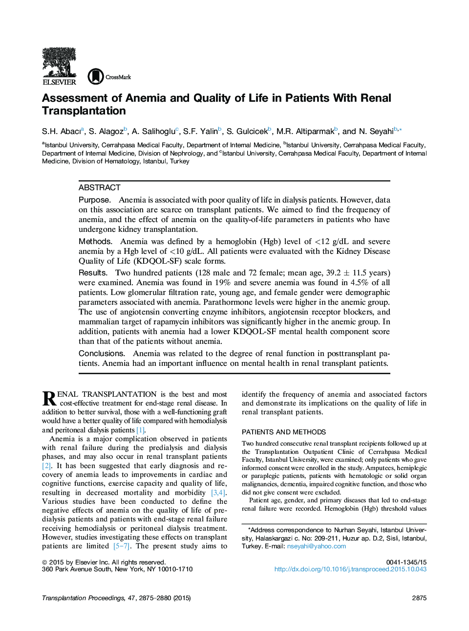 Assessment of Anemia and Quality of Life in Patients With Renal Transplantation