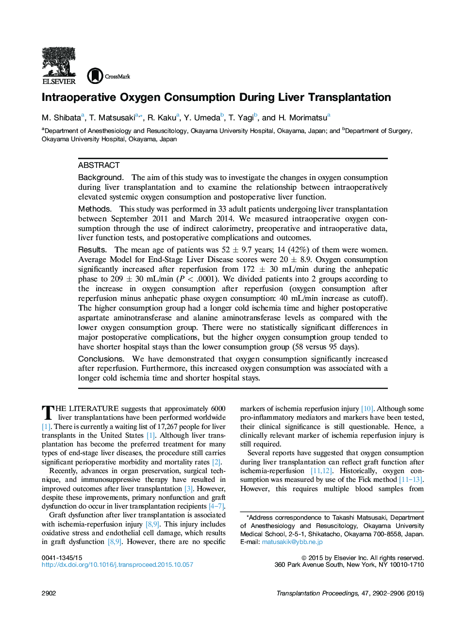 Intraoperative Oxygen Consumption During Liver Transplantation