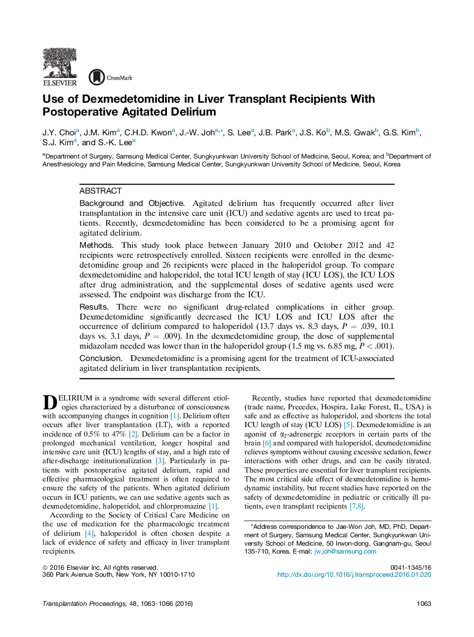 Use of Dexmedetomidine in Liver Transplant Recipients With Postoperative Agitated Delirium