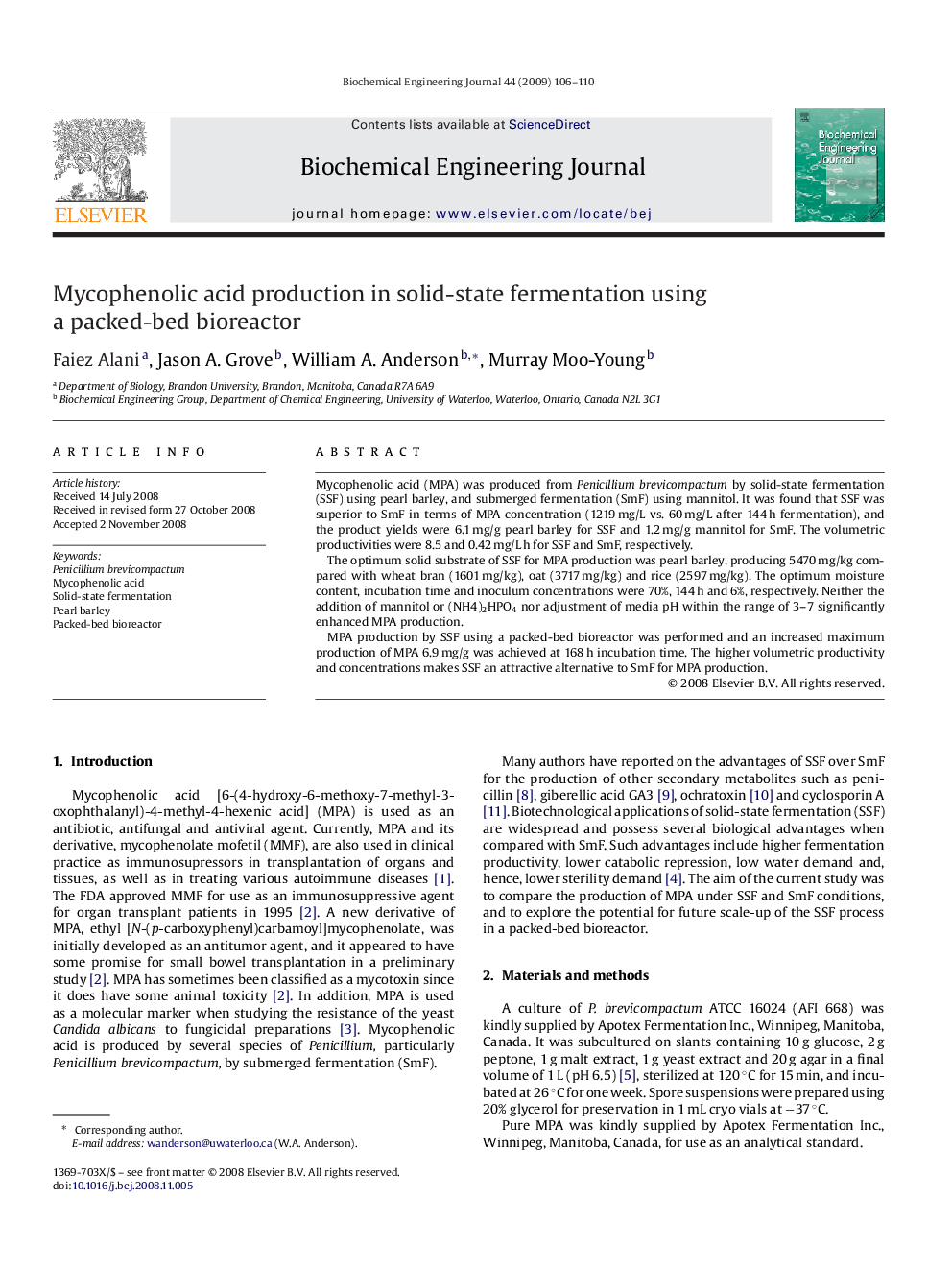 Mycophenolic acid production in solid-state fermentation using a packed-bed bioreactor