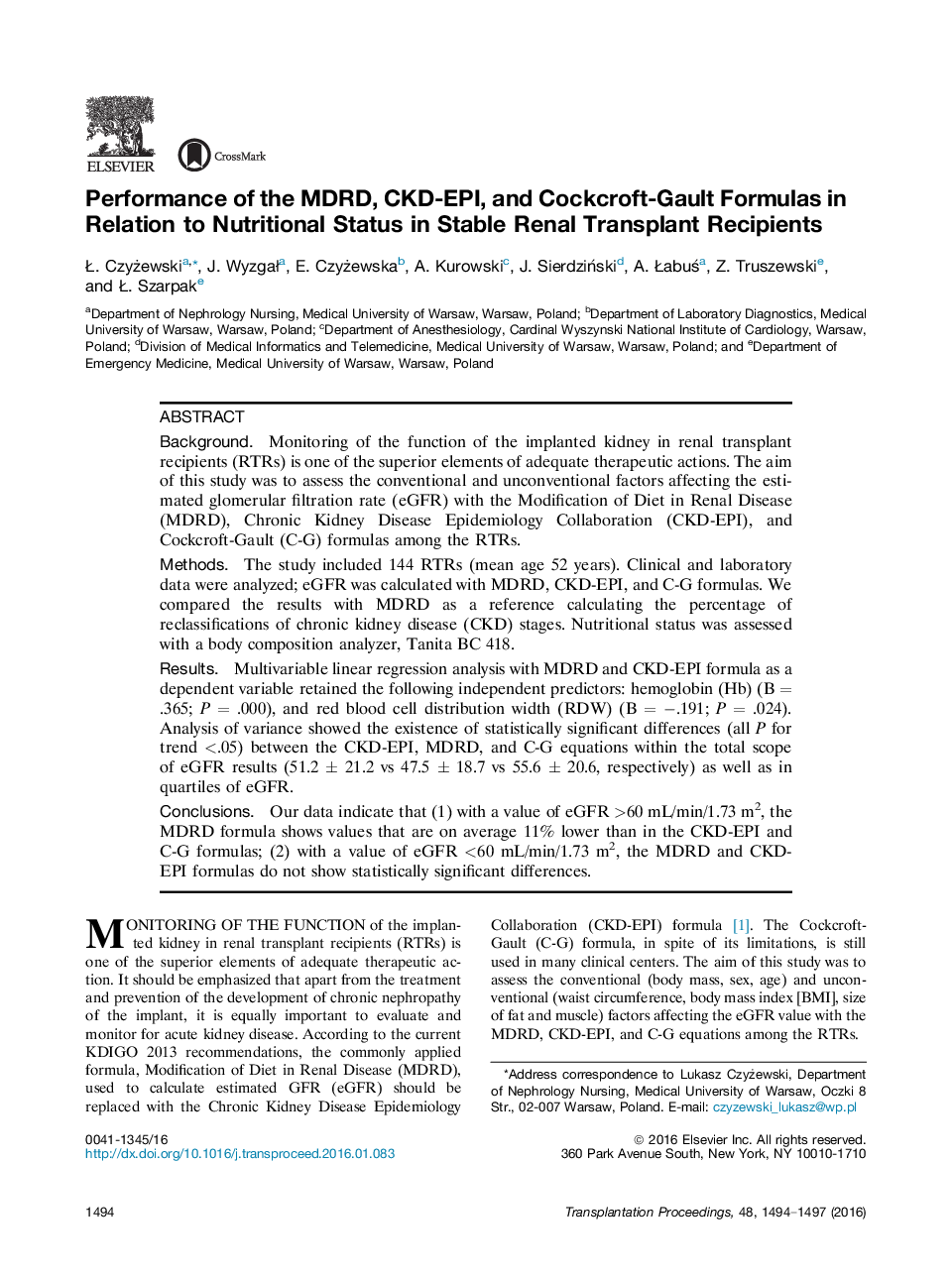 عملکرد MDRD، CKD-EPI، و فرمول Cockcroft-Gault در ارتباط با وضعیت تغذیه در گیرندگان پیوند پایدار کلیه