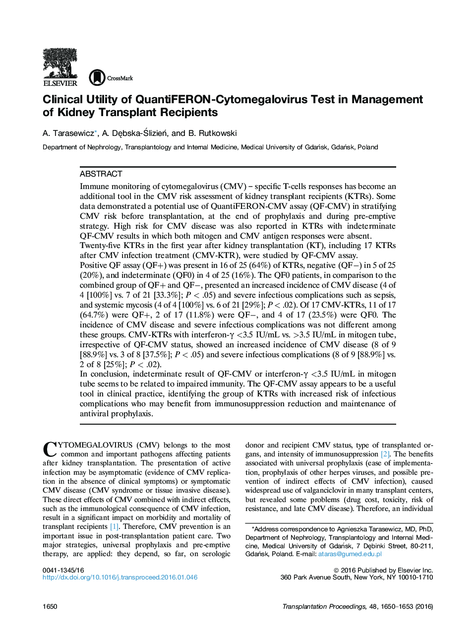 استفاده بالینی از آزمون QuantiFERON-Cytomegalovirus در مدیریت گیرندگان پیوند کلیه
