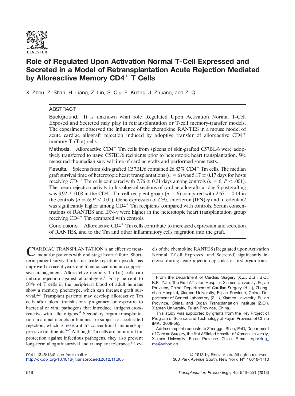 Role of Regulated Upon Activation Normal T-Cell Expressed and Secreted in a Model of Retransplantation Acute Rejection Mediated by Alloreactive Memory CD4+ T Cells 