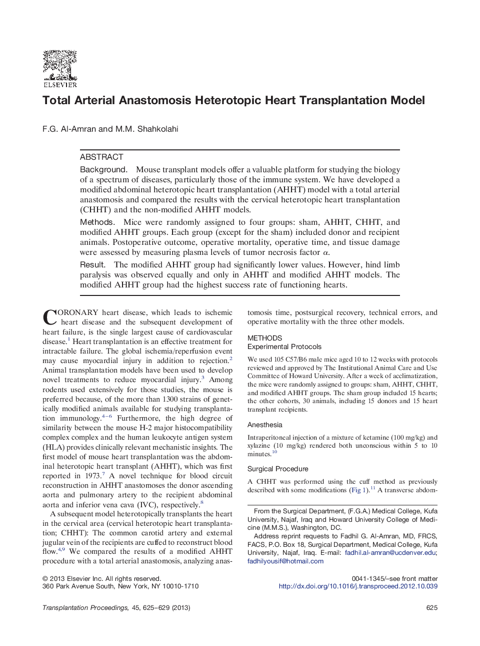 Total Arterial Anastomosis Heterotopic Heart Transplantation Model