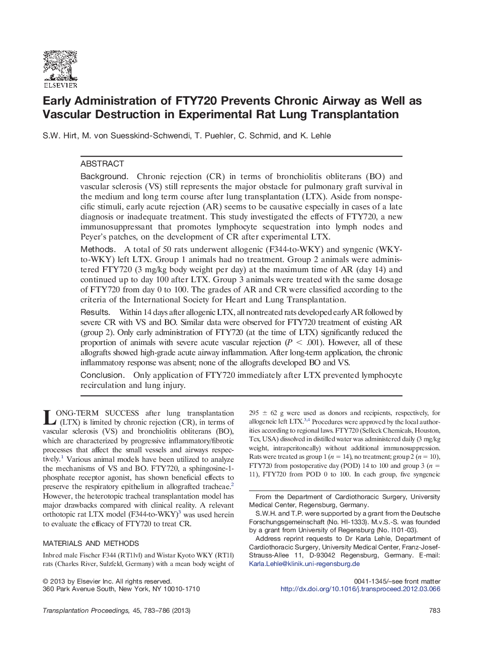 Early Administration of FTY720 Prevents Chronic Airway as Well as Vascular Destruction in Experimental Rat Lung Transplantation 