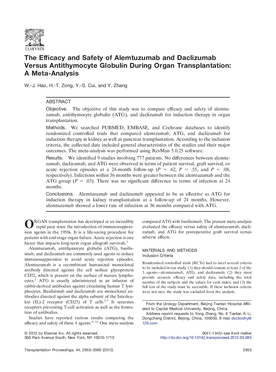 The Efficacy and Safety of Alemtuzumab and Daclizumab Versus Antithymocyte Globulin During Organ Transplantation: A Meta-Analysis