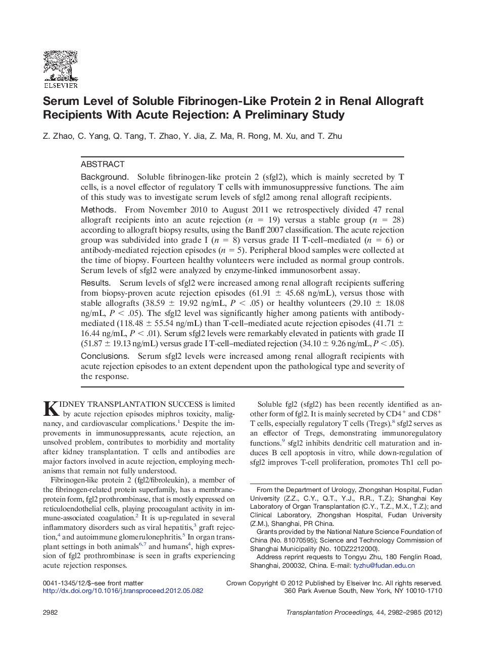 Serum Level of Soluble Fibrinogen-Like Protein 2 in Renal Allograft Recipients With Acute Rejection: A Preliminary Study 