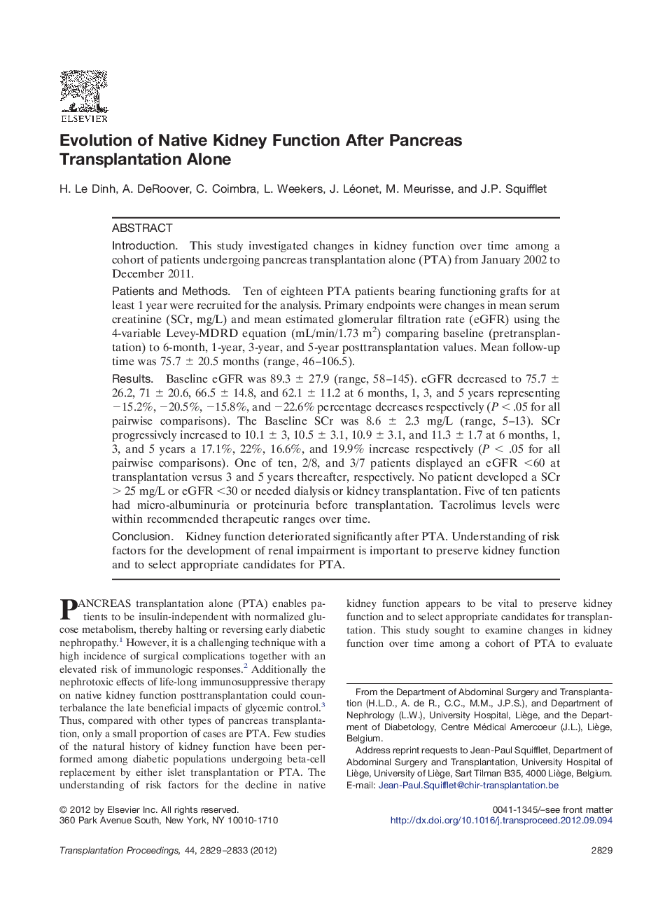 Evolution of Native Kidney Function After Pancreas Transplantation Alone