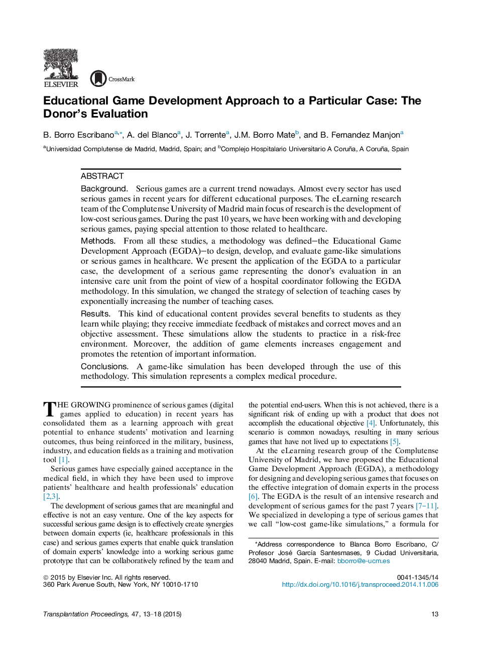 Educational Game Development Approach to a Particular Case: The Donor's Evaluation