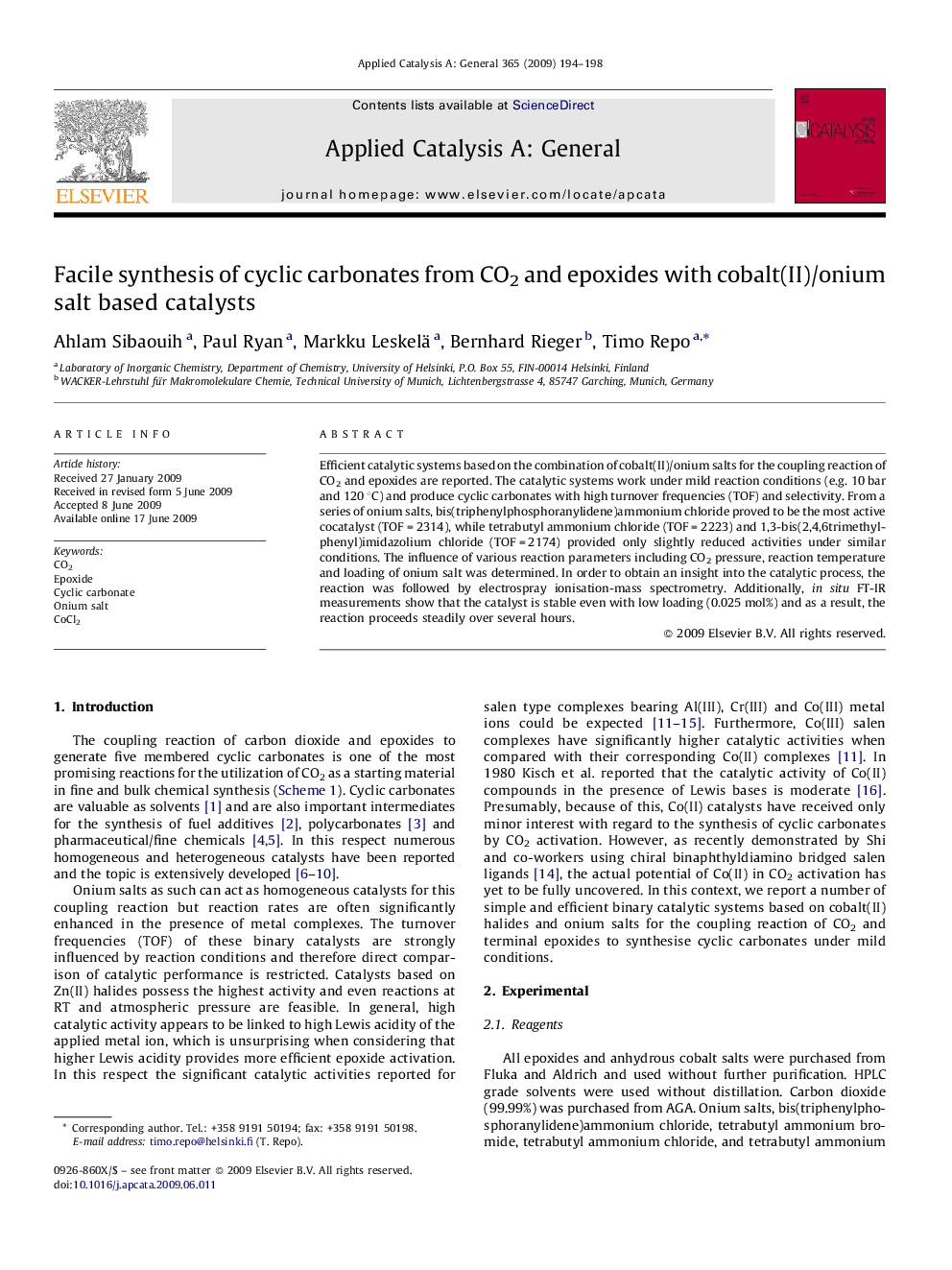 Facile synthesis of cyclic carbonates from CO2 and epoxides with cobalt(II)/onium salt based catalysts