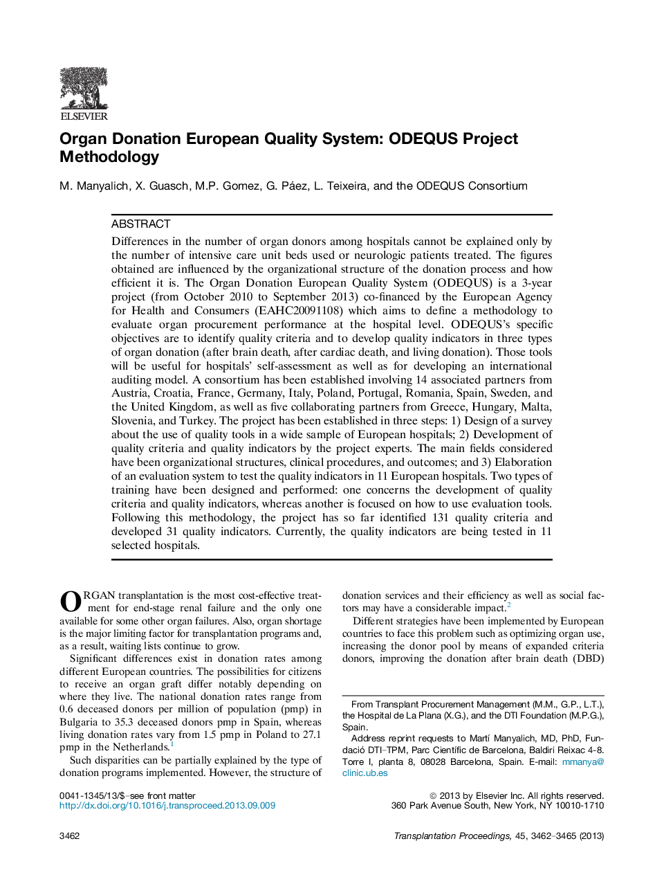 Organ Donation European Quality System: ODEQUS Project Methodology