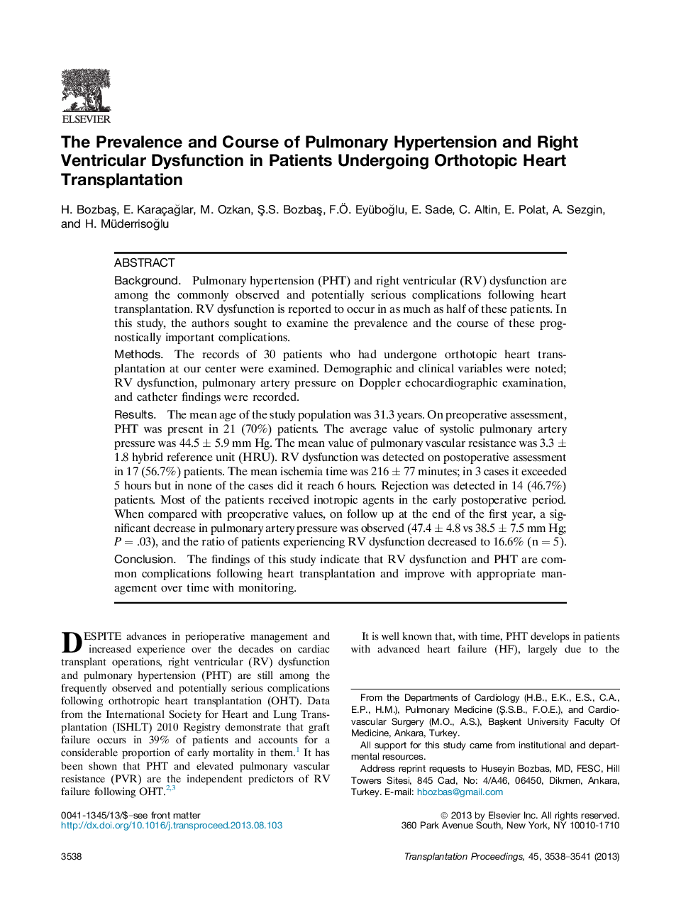 The Prevalence and Course of Pulmonary Hypertension and Right Ventricular Dysfunction in Patients Undergoing Orthotopic Heart Transplantation 