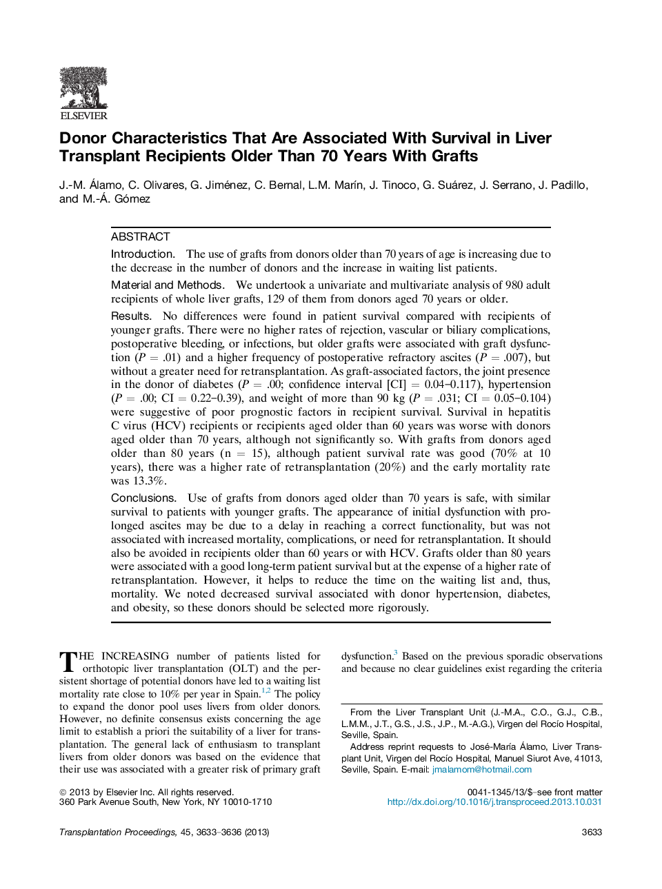 Donor Characteristics That Are Associated With Survival in Liver Transplant Recipients Older Than 70 Years With Grafts