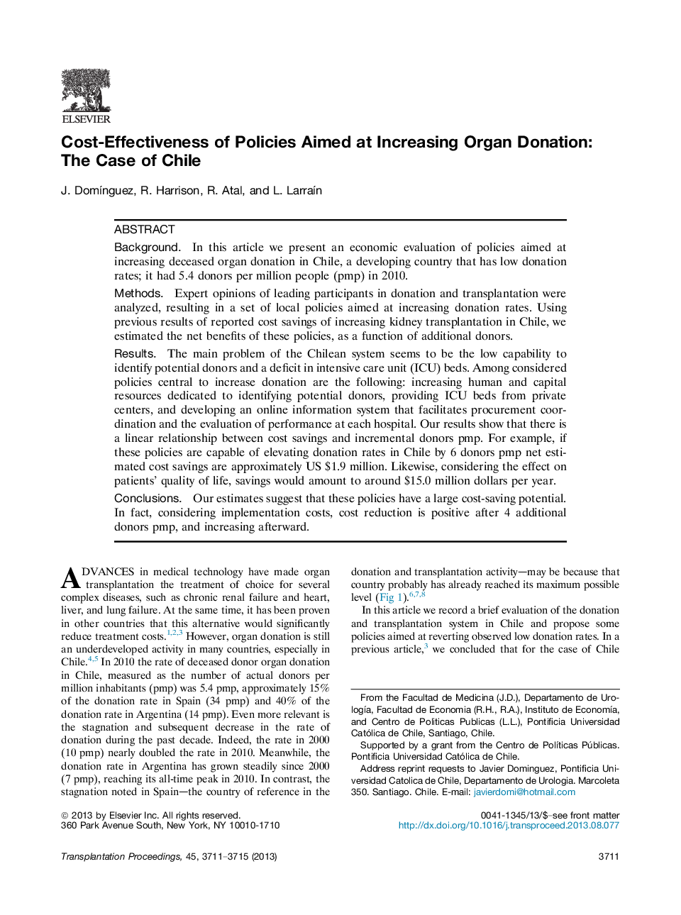 Cost-Effectiveness of Policies Aimed at Increasing Organ Donation: The Case of Chile 