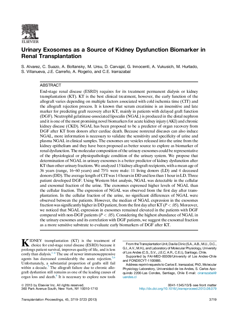 Urinary Exosomes as a Source of Kidney Dysfunction Biomarker in Renal Transplantation 