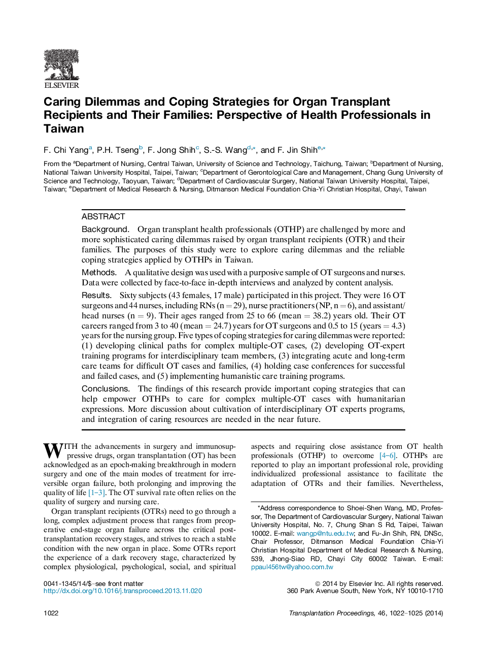 Caring Dilemmas and Coping Strategies for Organ Transplant Recipients and Their Families: Perspective of Health Professionals in Taiwan