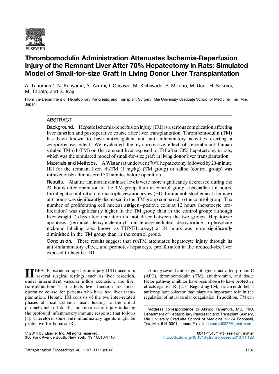 Thrombomodulin Administration Attenuates Ischemia-Reperfusion Injury of the Remnant Liver After 70% Hepatectomy in Rats: Simulated Model of Small-for-size Graft in Living Donor Liver Transplantation