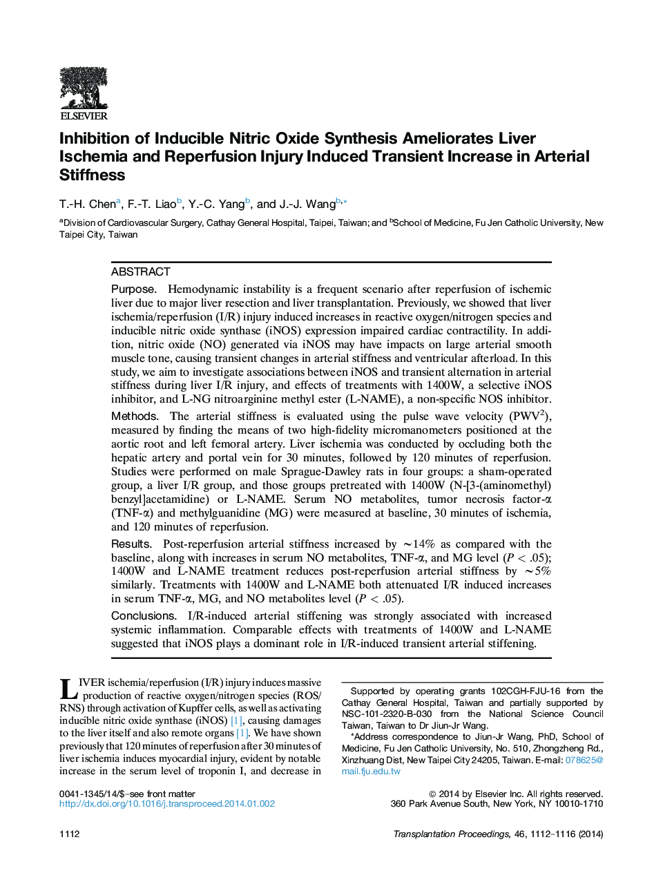 Inhibition of Inducible Nitric Oxide Synthesis Ameliorates Liver Ischemia and Reperfusion Injury Induced Transient Increase in Arterial Stiffness 