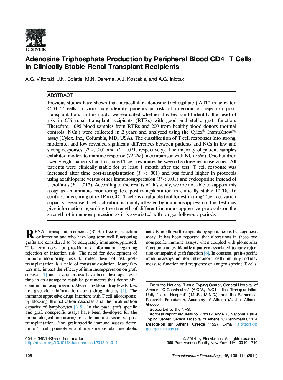 Adenosine Triphosphate Production by Peripheral Blood CD4+T Cells in Clinically Stable Renal Transplant Recipients 