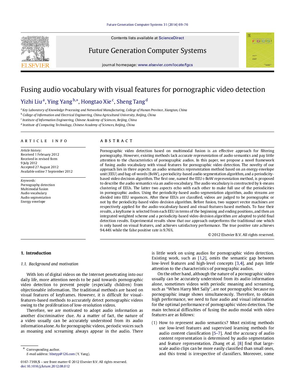 Fusing audio vocabulary with visual features for pornographic video detection