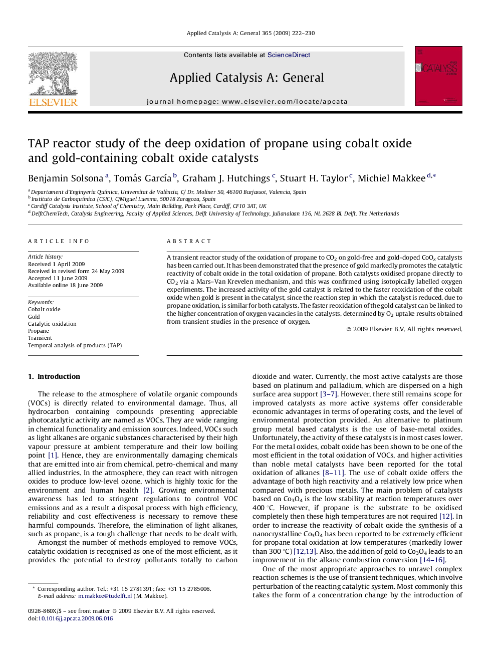 TAP reactor study of the deep oxidation of propane using cobalt oxide and gold-containing cobalt oxide catalysts