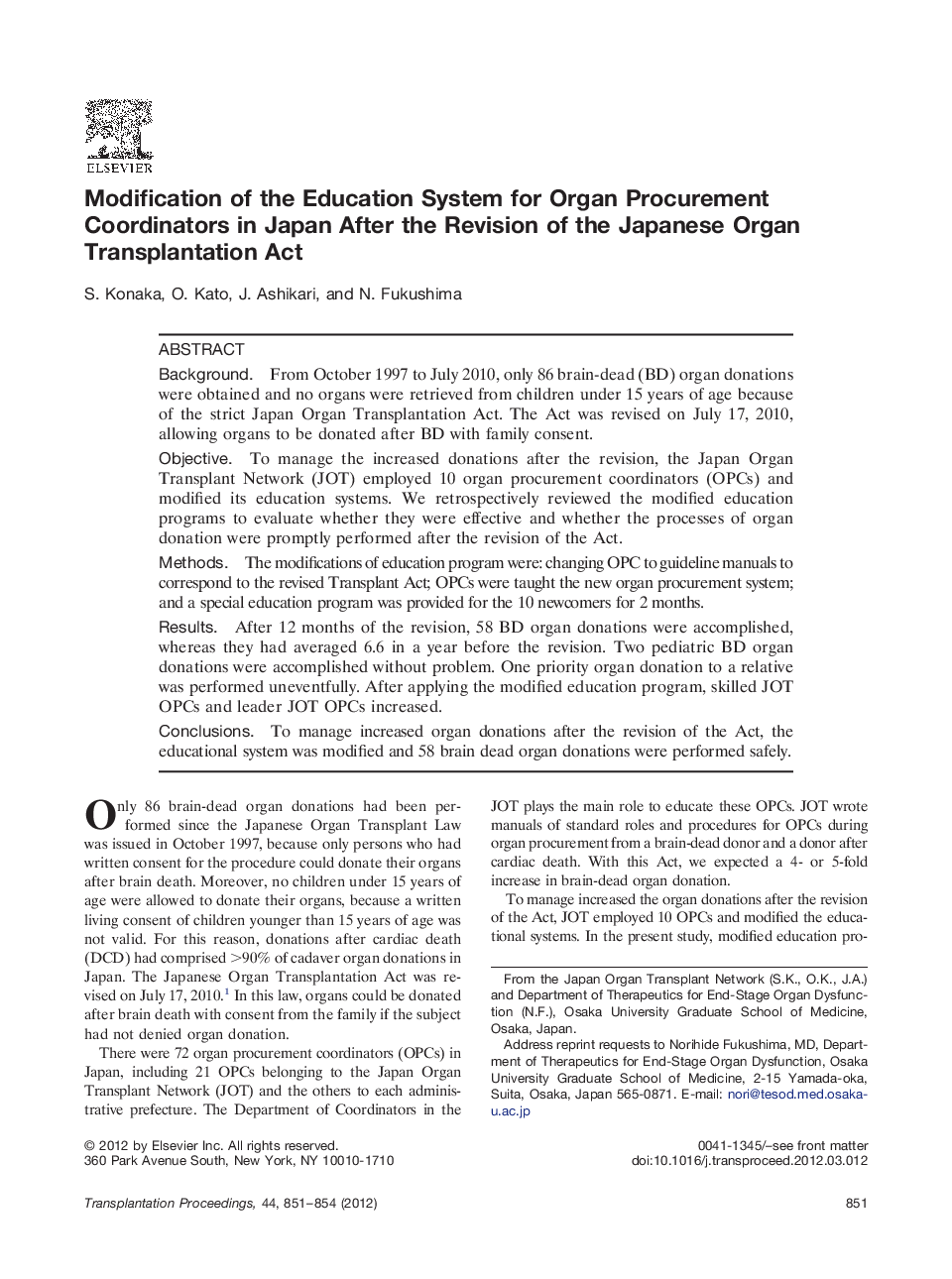 Modification of the Education System for Organ Procurement Coordinators in Japan After the Revision of the Japanese Organ Transplantation Act