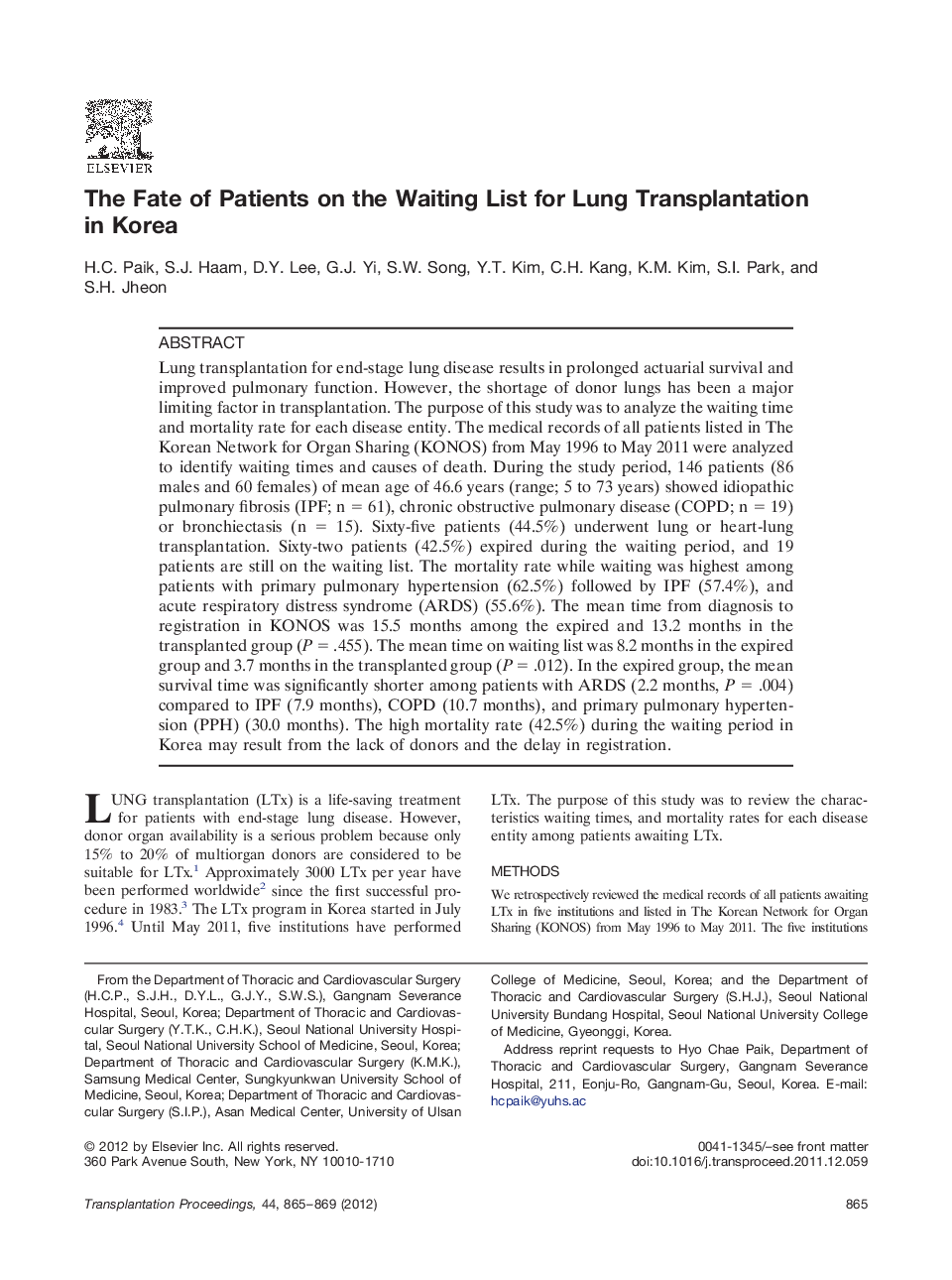 The Fate of Patients on the Waiting List for Lung Transplantation in Korea