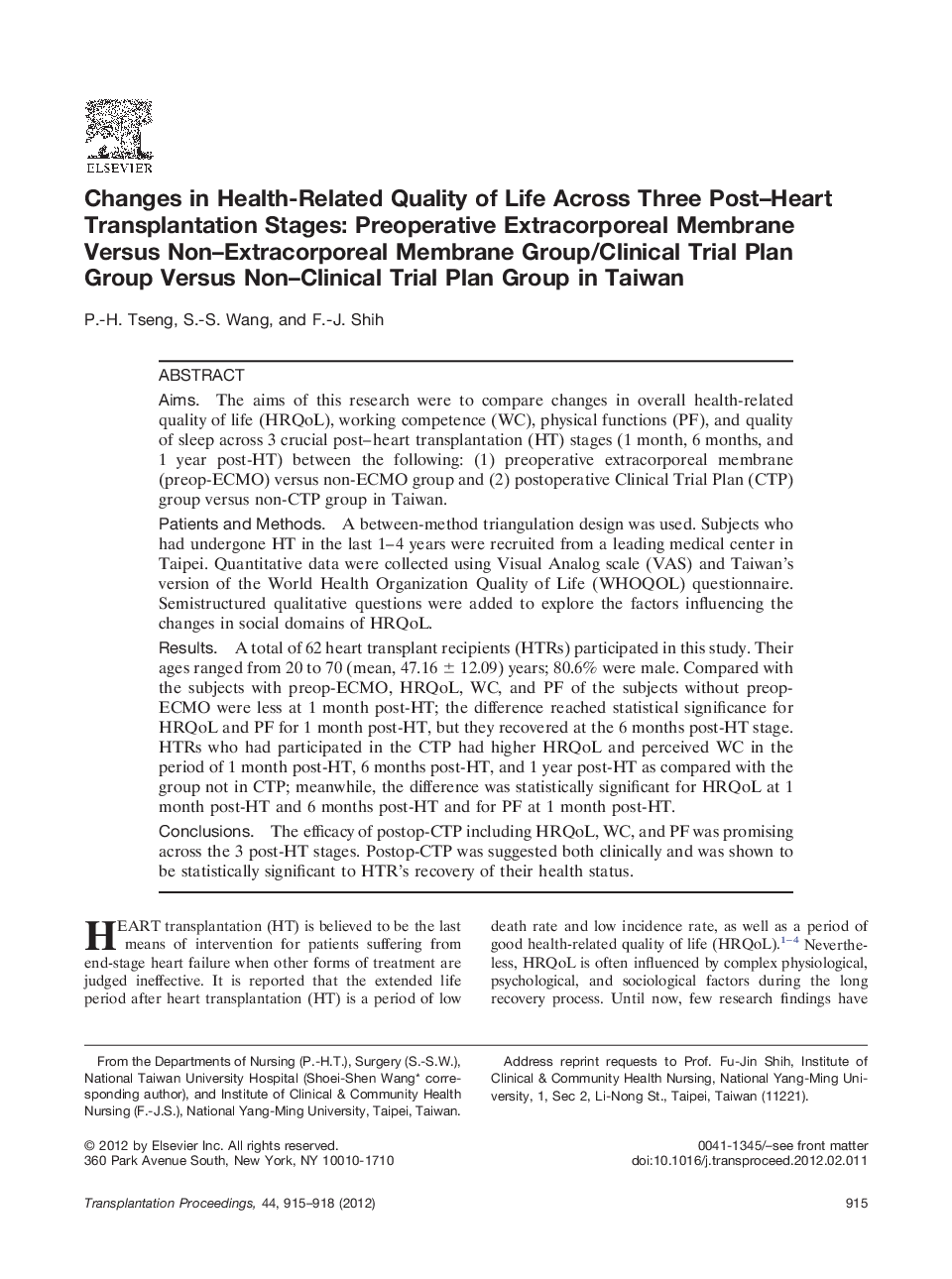 Changes in Health-Related Quality of Life Across Three Post–Heart Transplantation Stages: Preoperative Extracorporeal Membrane Versus Non–Extracorporeal Membrane Group/Clinical Trial Plan Group Versus Non–Clinical Trial Plan Group in Taiwan