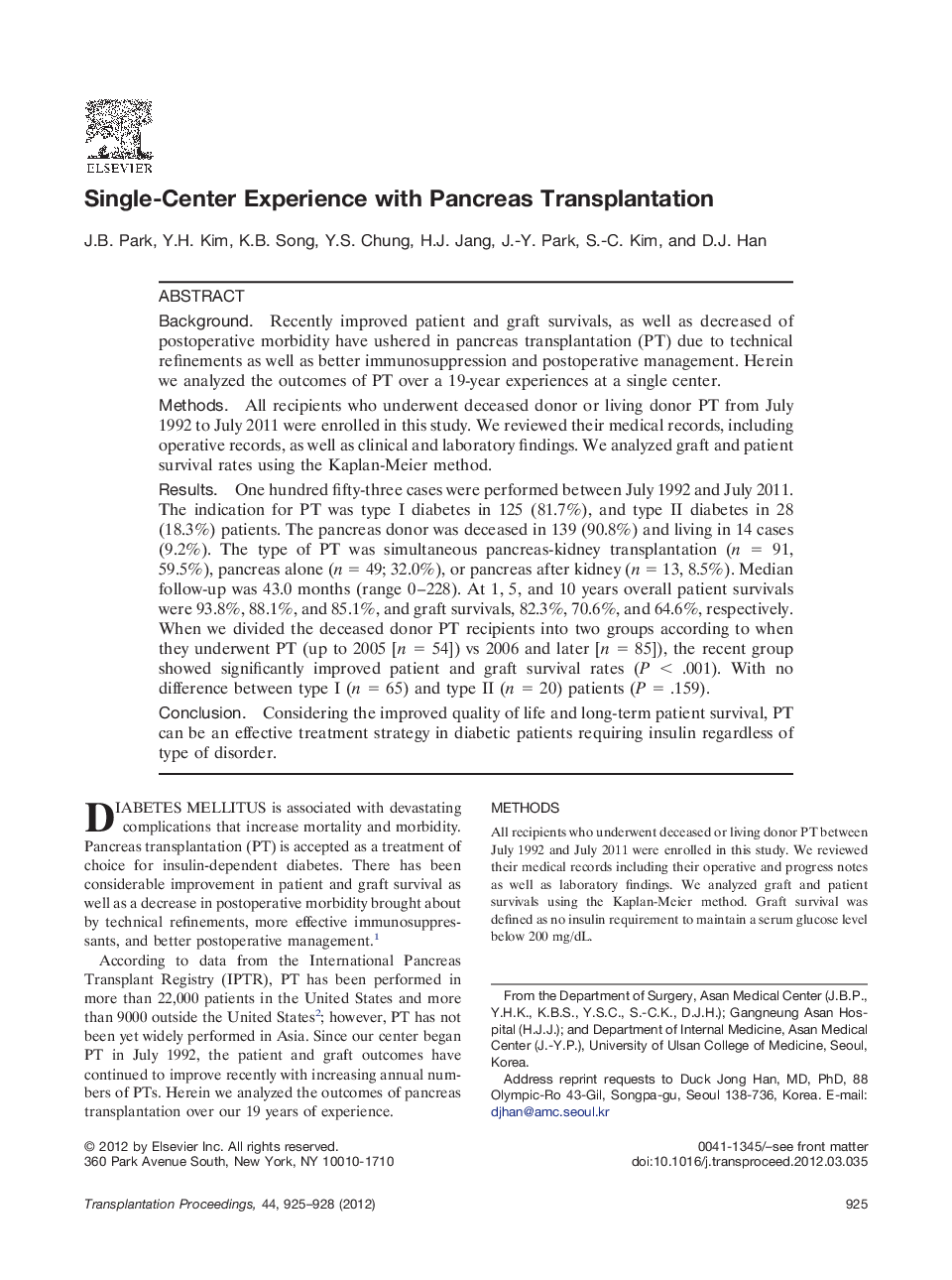 Single-Center Experience with Pancreas Transplantation