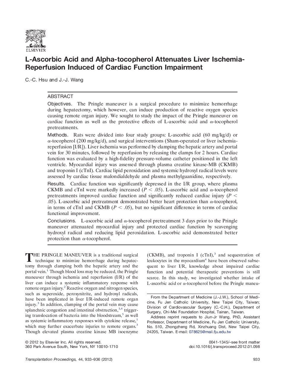 L-Ascorbic Acid and Alpha-tocopherol Attenuates Liver Ischemia-Reperfusion Induced of Cardiac Function Impairment