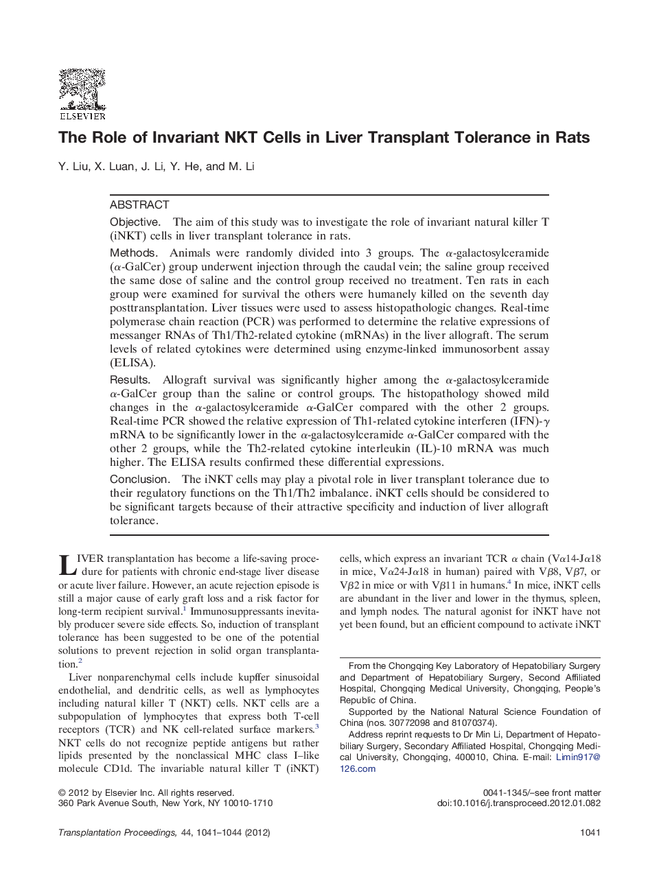 The Role of Invariant NKT Cells in Liver Transplant Tolerance in Rats 