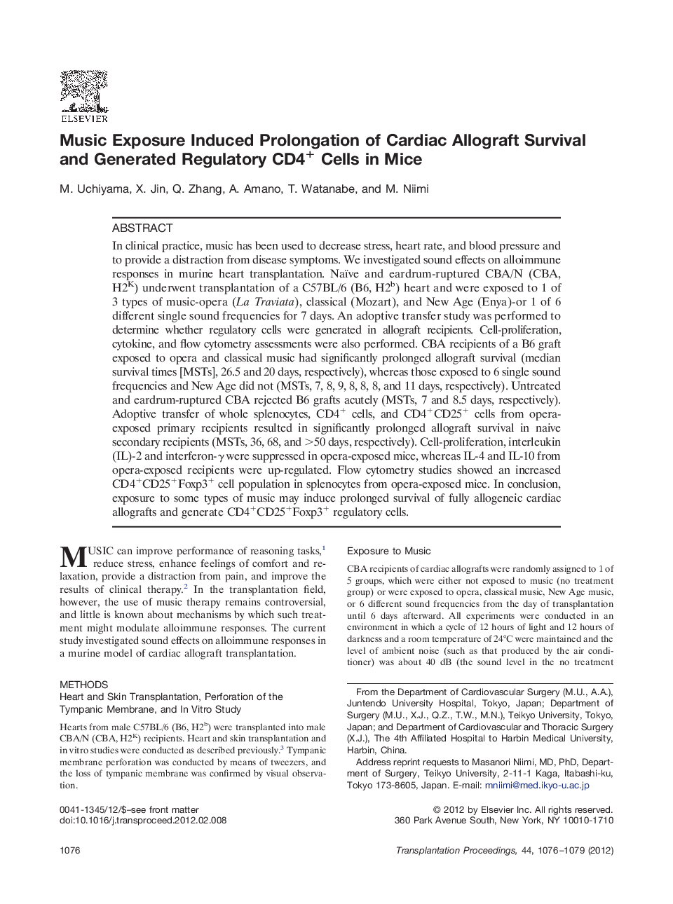 Music Exposure Induced Prolongation of Cardiac Allograft Survival and Generated Regulatory CD4+ Cells in Mice