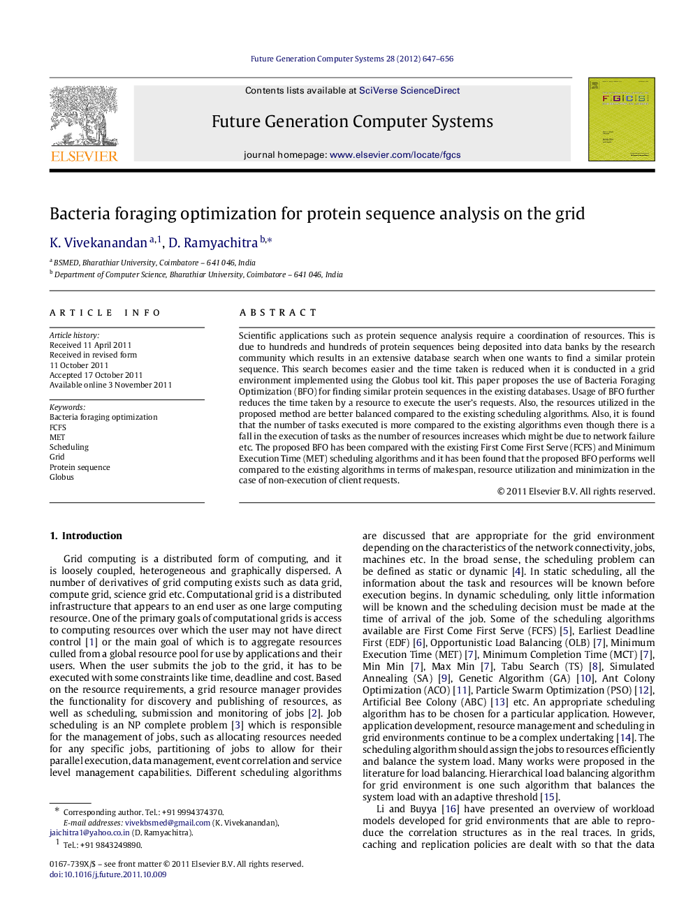 Bacteria foraging optimization for protein sequence analysis on the grid